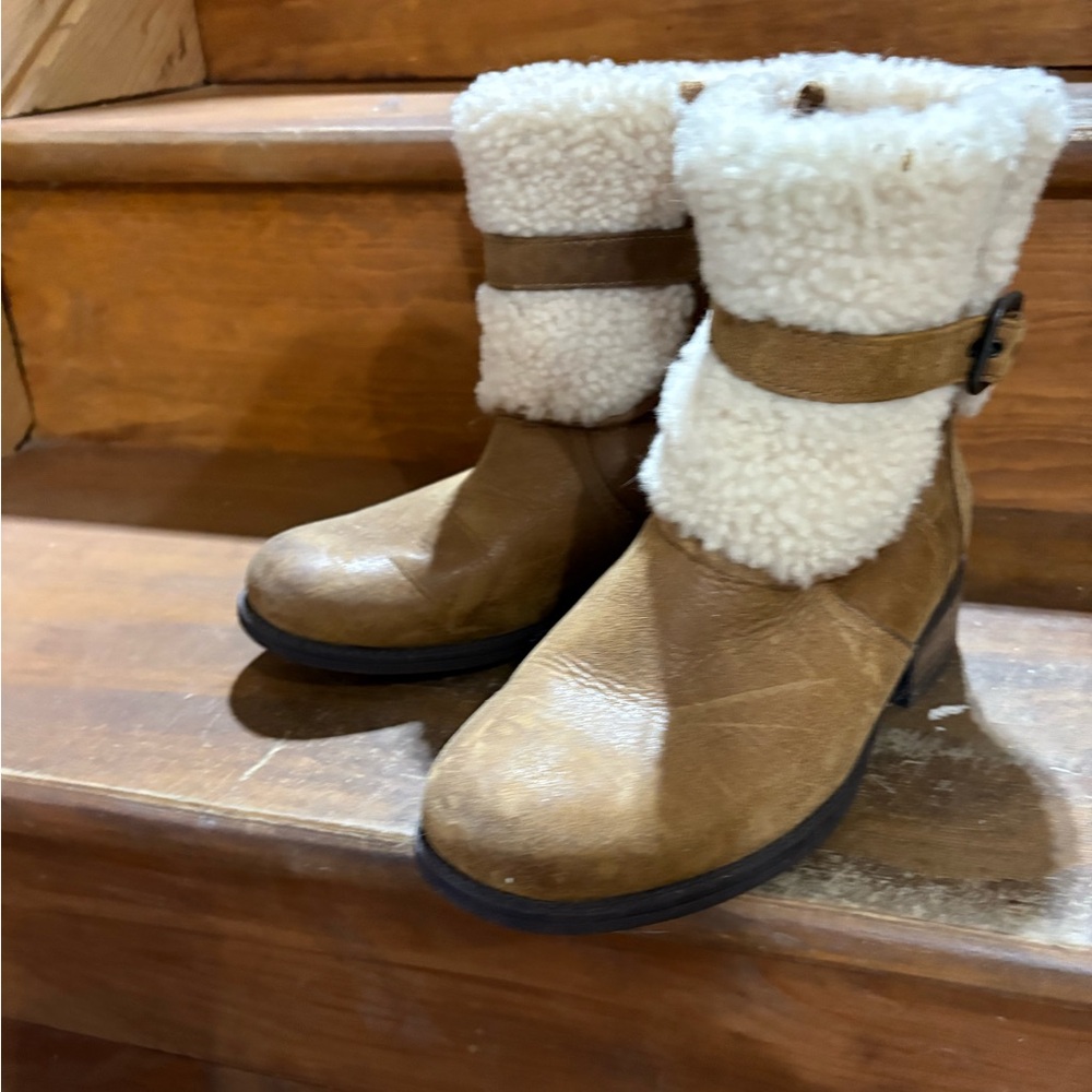 Brown and White Shearling Ankle Boots